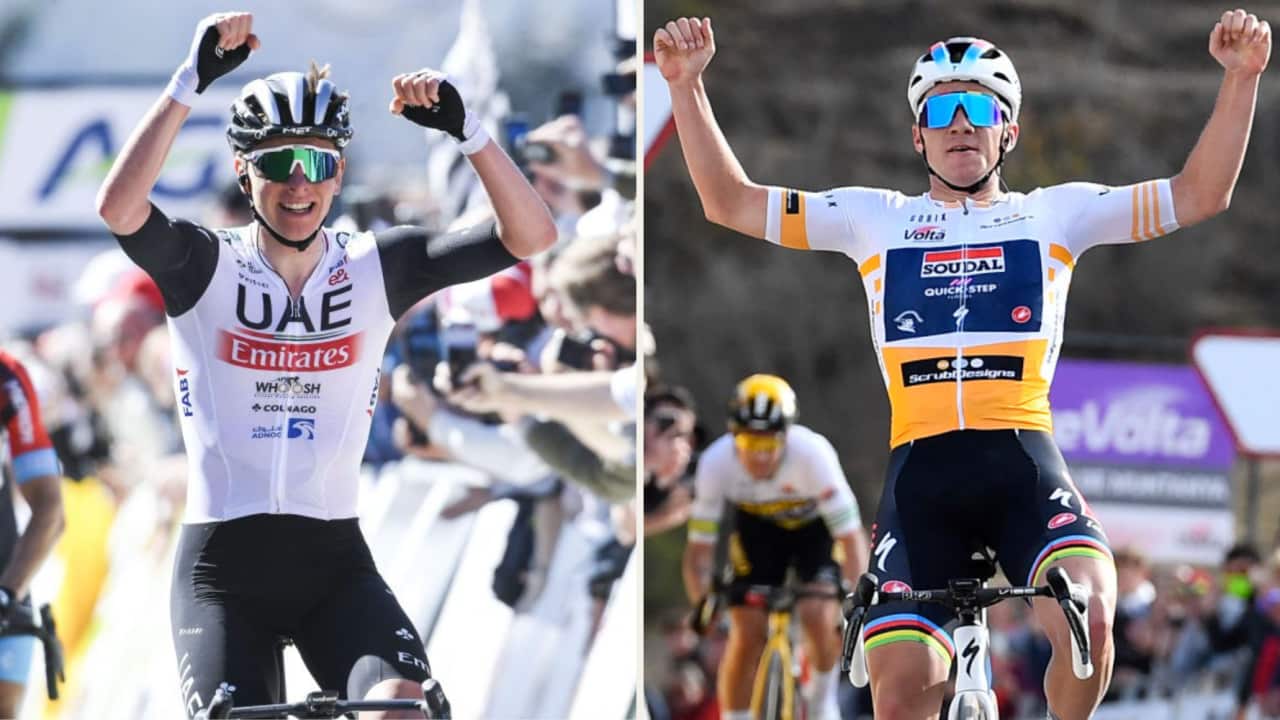 Tadej Pogacar (UAE Team Emirates) and Remco Evenepoel (Soudal Quick-Step) celebrate respective victories this season.