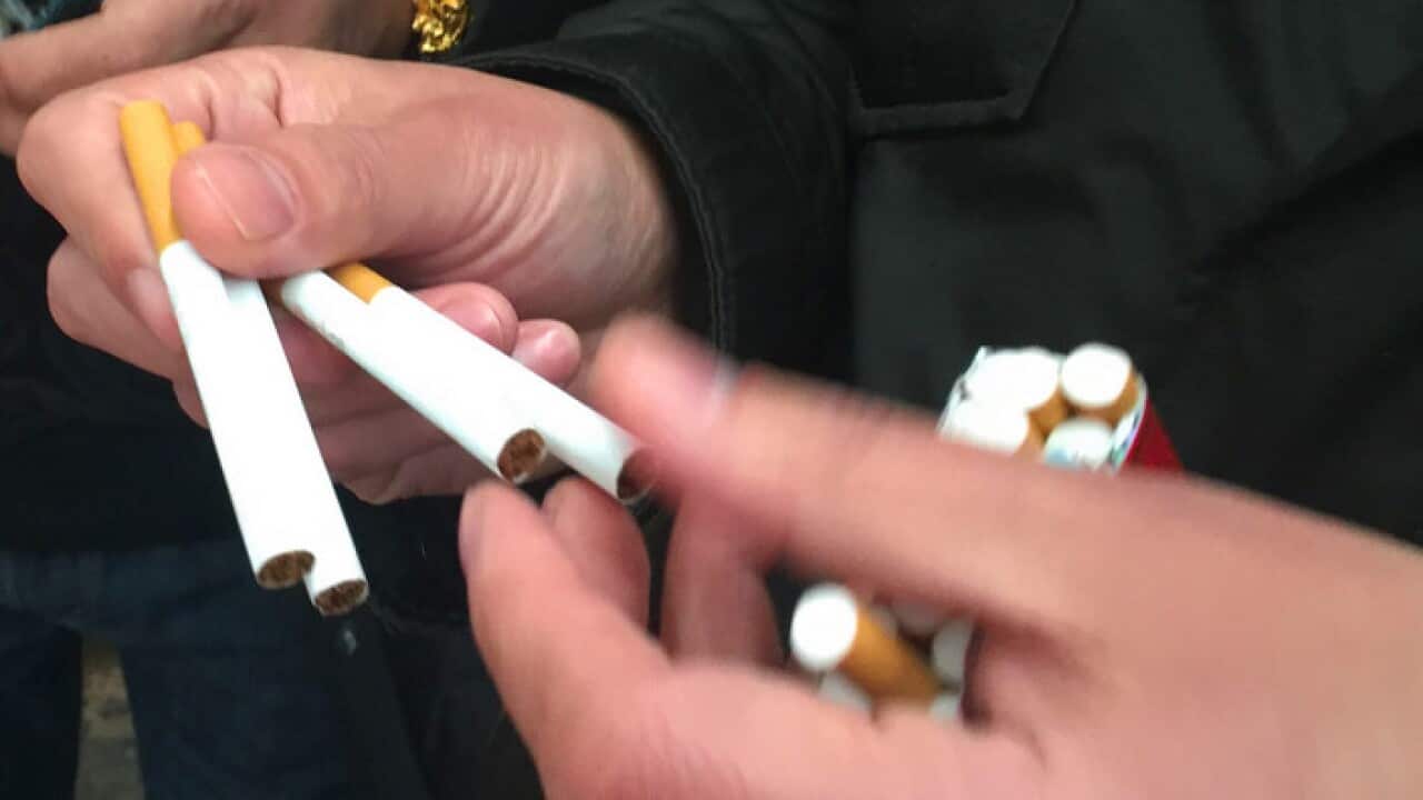Chinese police officers check cigarettes