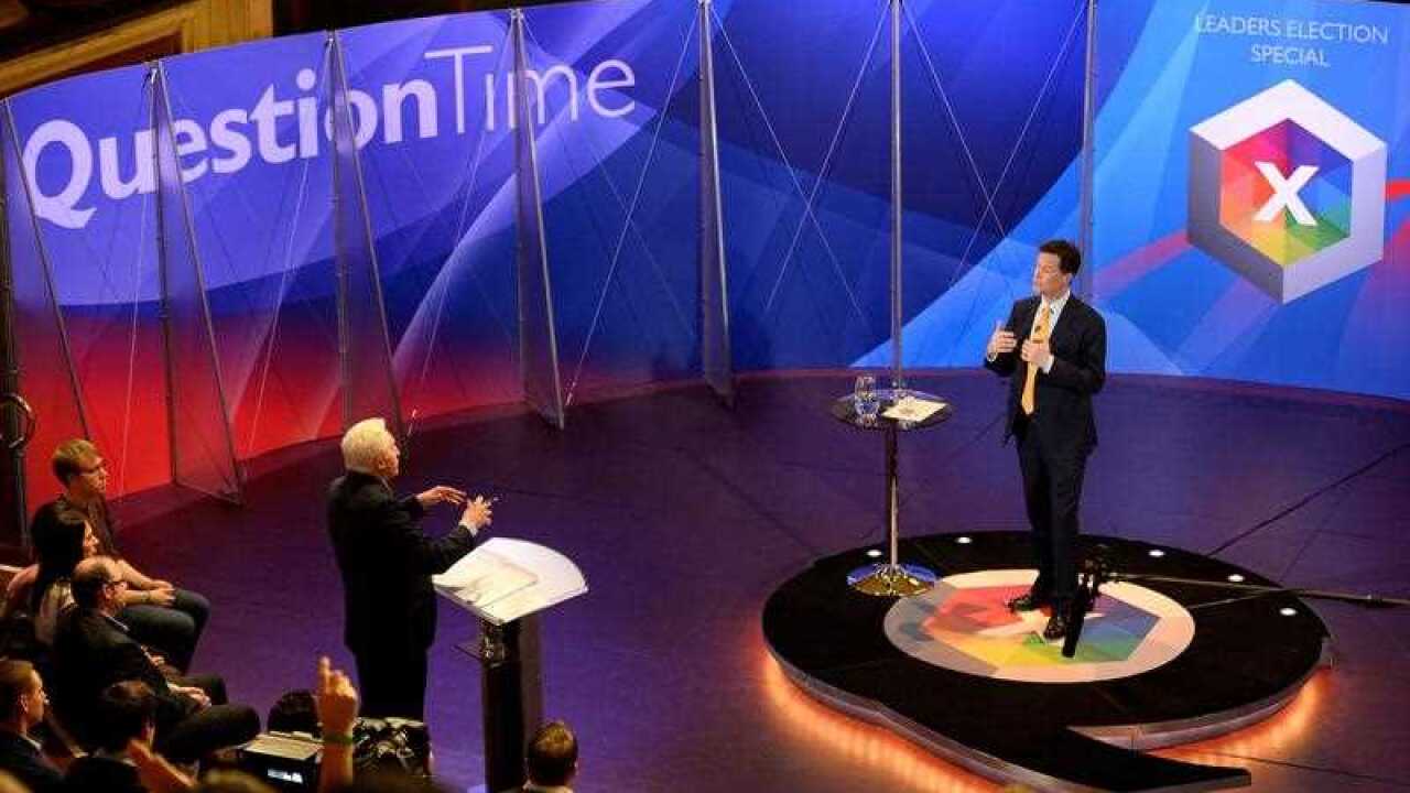 Liberal Democrat leader Nick Clegg takes part in a special BBC Question Time programme (AAP)