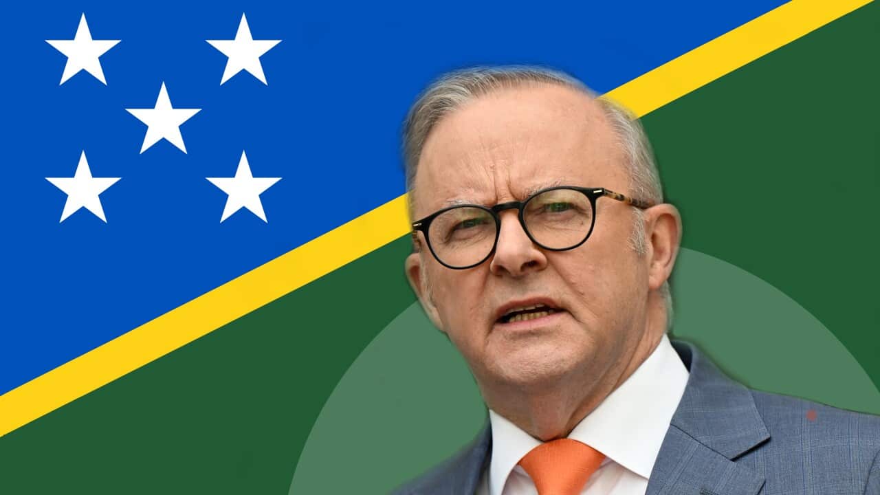 A graphic illustration shows Anthony Albanese in a grey suit with the flag of Solomon Islands behind him.