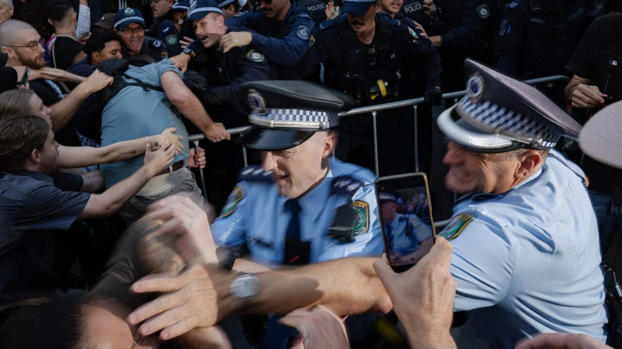 Police officers detain demonstrators during a protest in Sydney's Town Hall in Sydney, Monday, February 9, 2026.