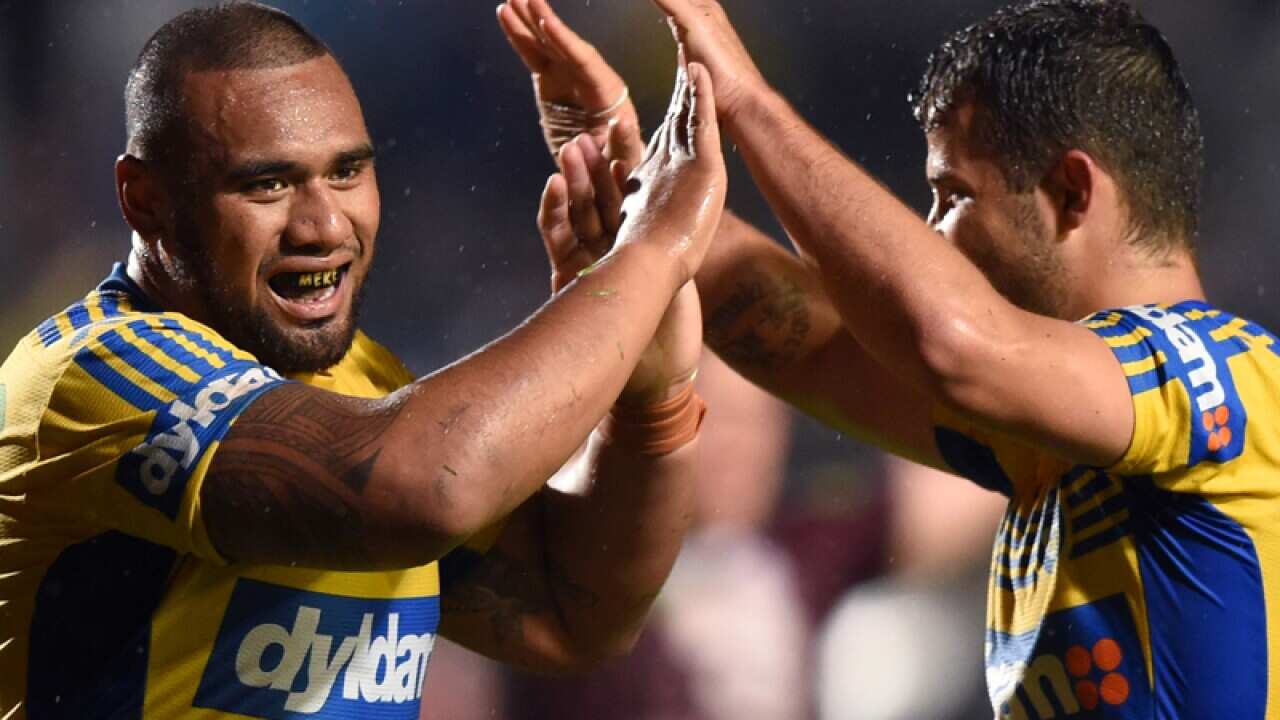 Junior Paulo (left) and Luke Kelly of the Eels