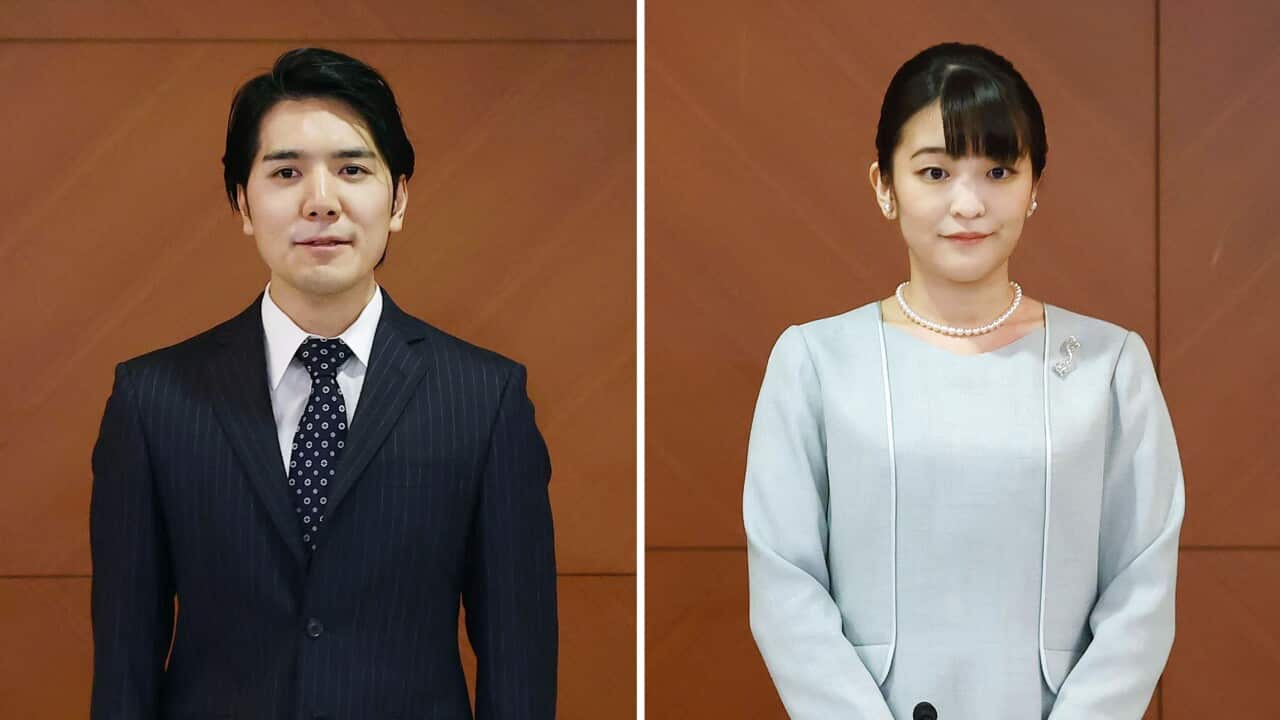 Combined photo shows former Japanese princess Mako, a niece of Emperor Naruhito, and her husband Kei Komuro meeting with the press at a Tokyo hotel on Oct. 26, 2021, following their marriage earlier in the day. She became Mako Komuro on a family registry