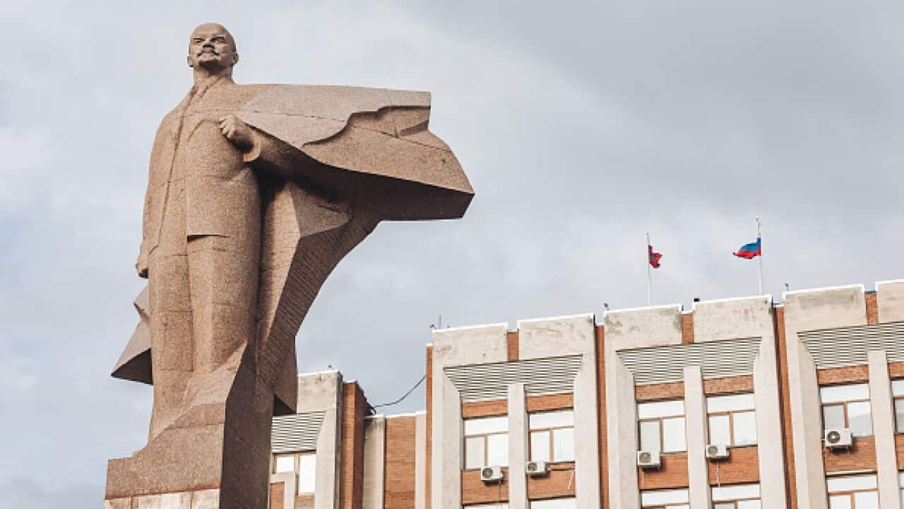 A statue of Vladimir Lenin outside the Presidential Palace in Tiraspol. Tiraspol is the capital of Transnistria, Moldova.