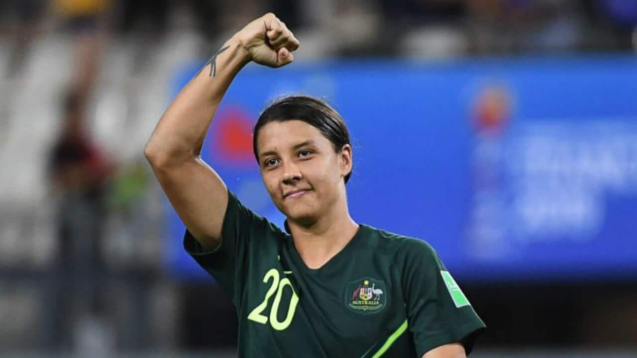 Sam Kerr celebrates her four-goal performance against Jamaica