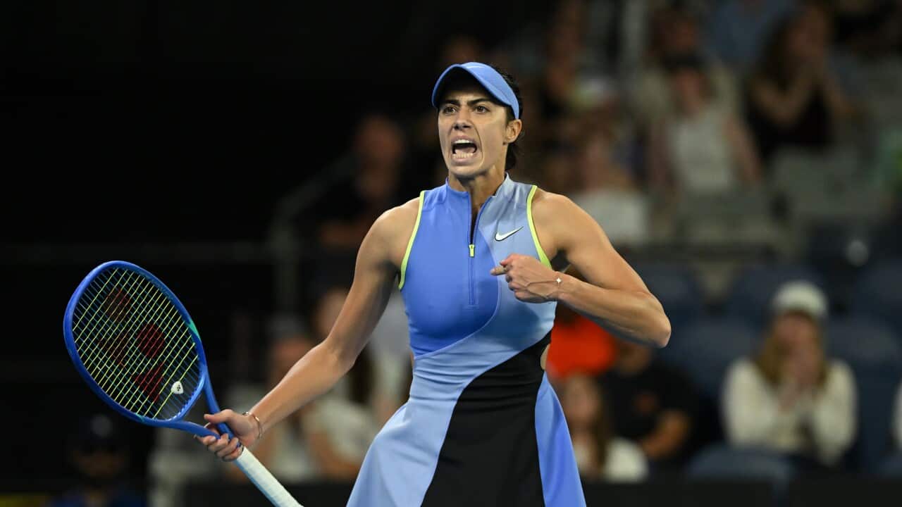 Olga Danilovic of Serbia celebrates after winning the Women’s Singles first round match against Venus Williams of the United States on day 1 of the 2026 Australian Open tennis tournament at Melbourne Park in Melbourne