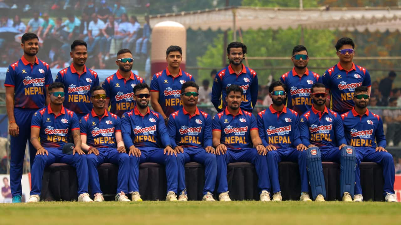 The Nepali cricket team is posing for a group photo at TU Cricket Stadium in Kathmandu, Nepal, on 4 May, 2024.