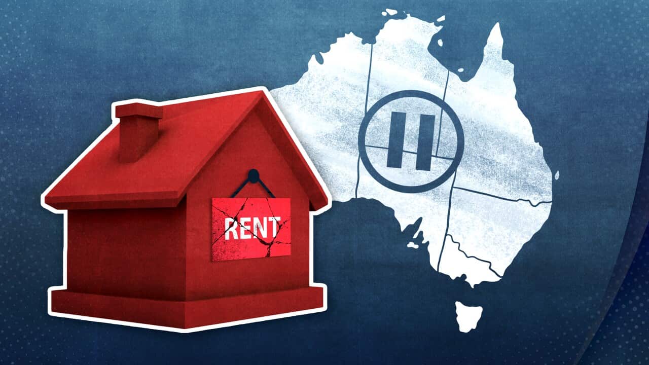 A digital graphic featuring a house with a sign that reads "rent" and a map of Australia with a pause sign in the middle.