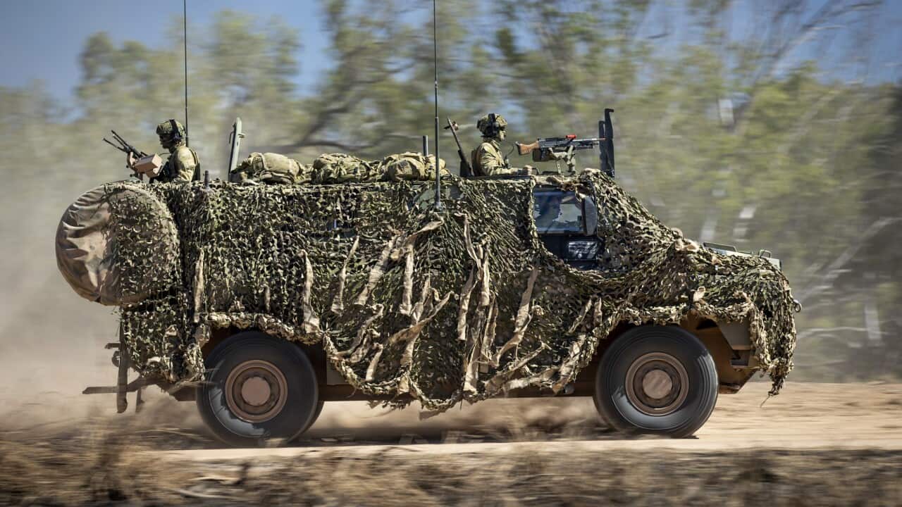 An Australian Army Bushmaster armoured vehicle during a training mission