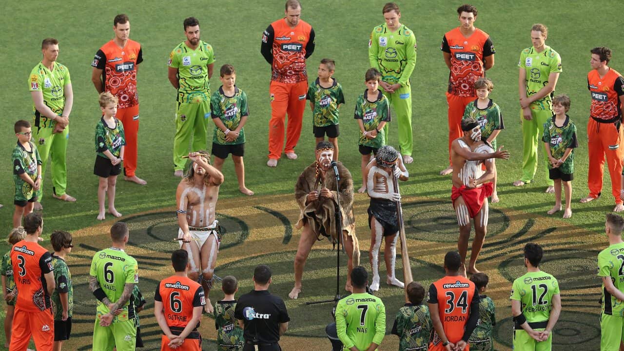 Dr Richard Walley performs a Welcome to Country ahead of a Big Bash League game in Perth in January.