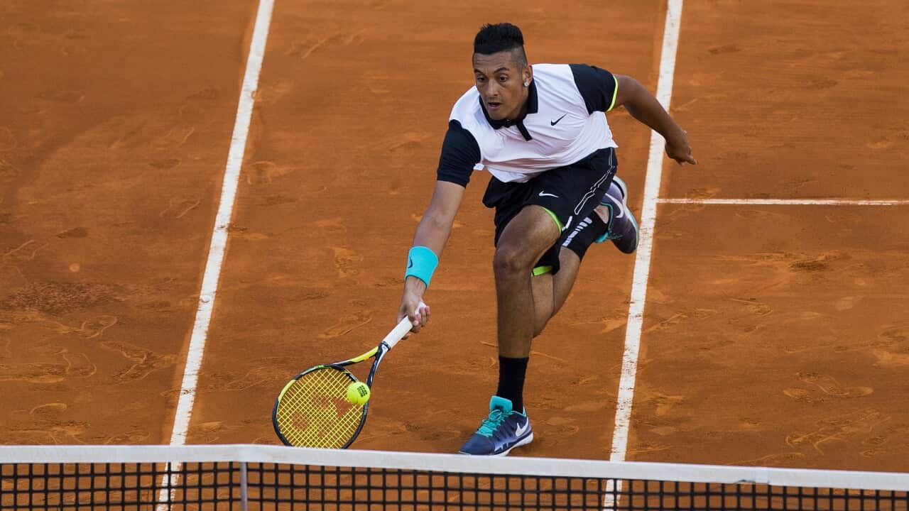 Nick Kyrgios during his Madrid Open tennis tournament match against Roger Federer from Switzerland in Madrid, Spain, May 6, 2015. (AP/Andres Kudacki)