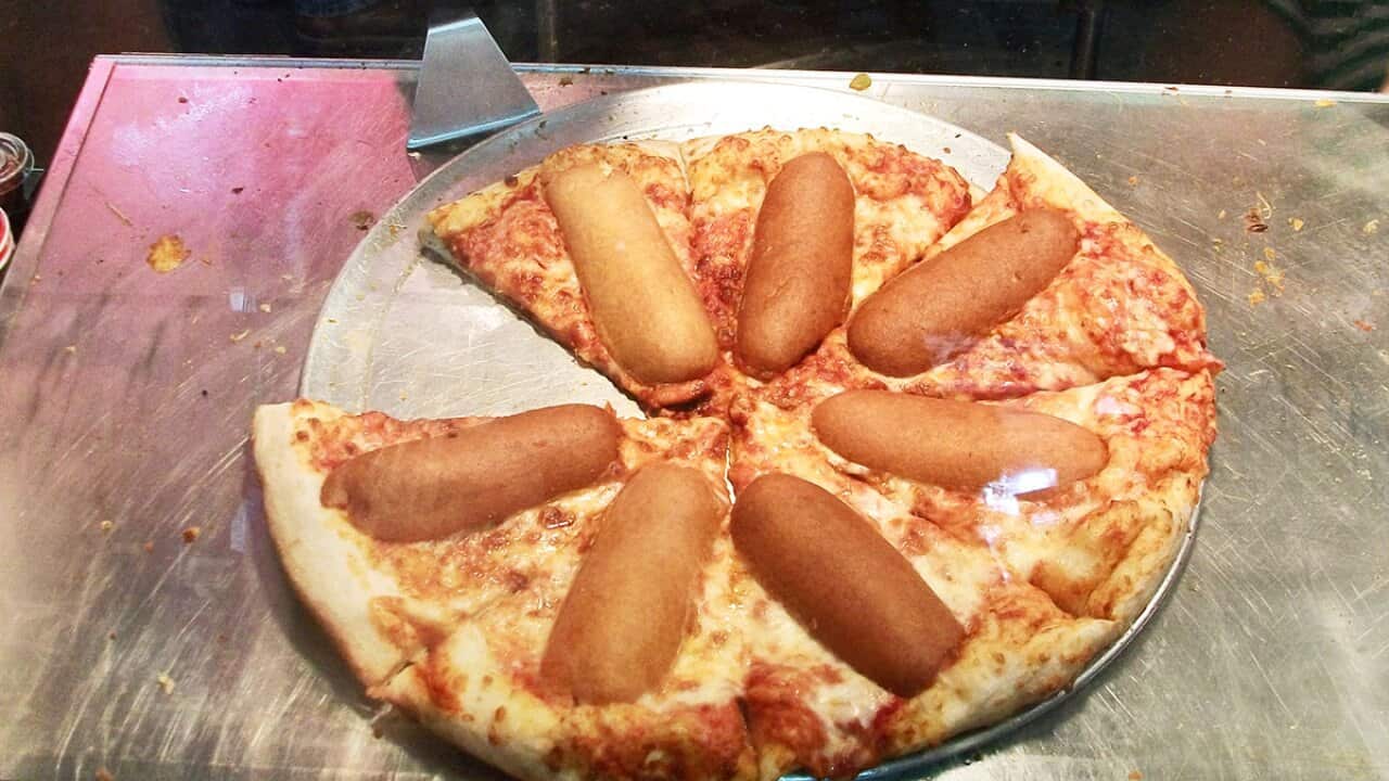 Corn dog pizza