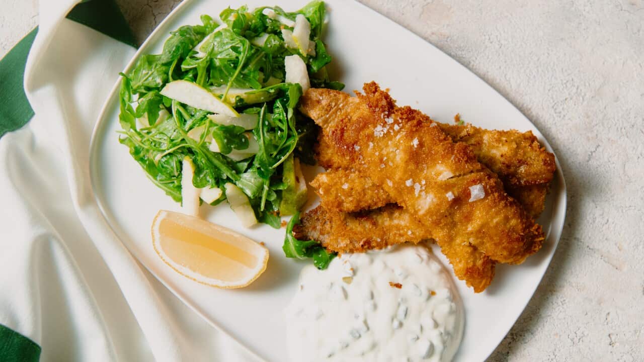 Panko crusted fish and salad