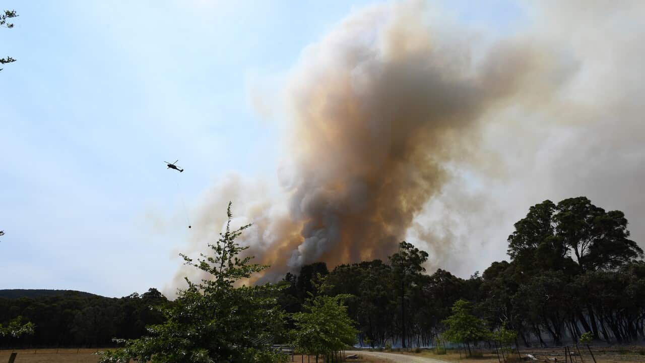 A water bombing helicopter is seen at near a fire in the Bunyip State Park, Victoria.