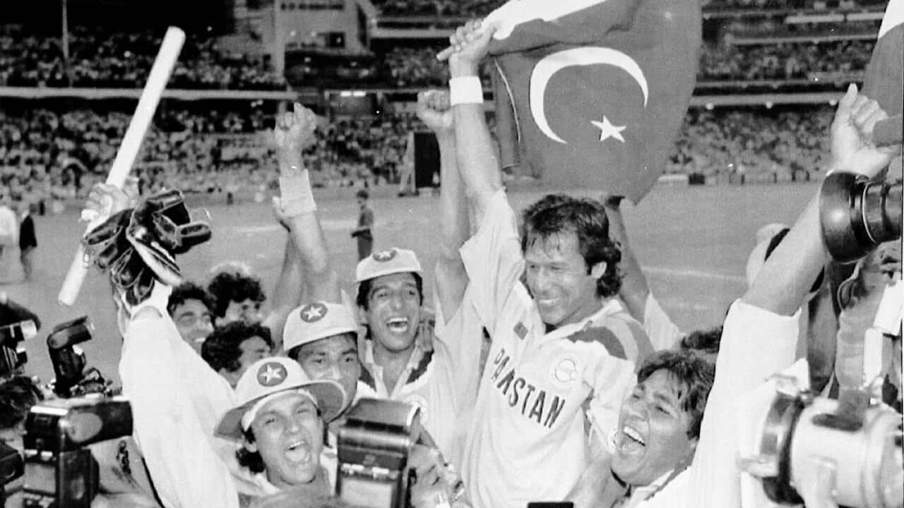 Imran Khan and the team after Pakistan defeated England in the World Cup Cricket Final in 1992.