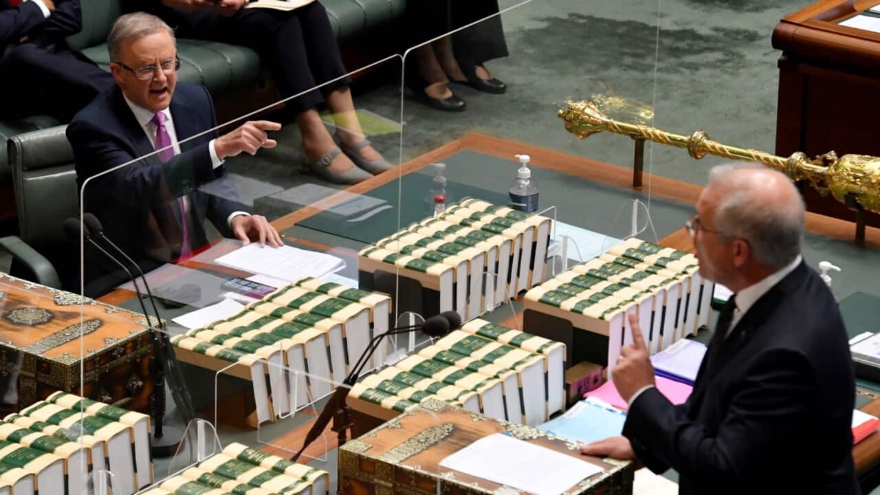 Leader of the Opposition Anthony Albanese and Prime Minister Scott Morrison during Question Time in the House of Representatives at Parliament House in Canberra, Wednesday, November 24, 2021.