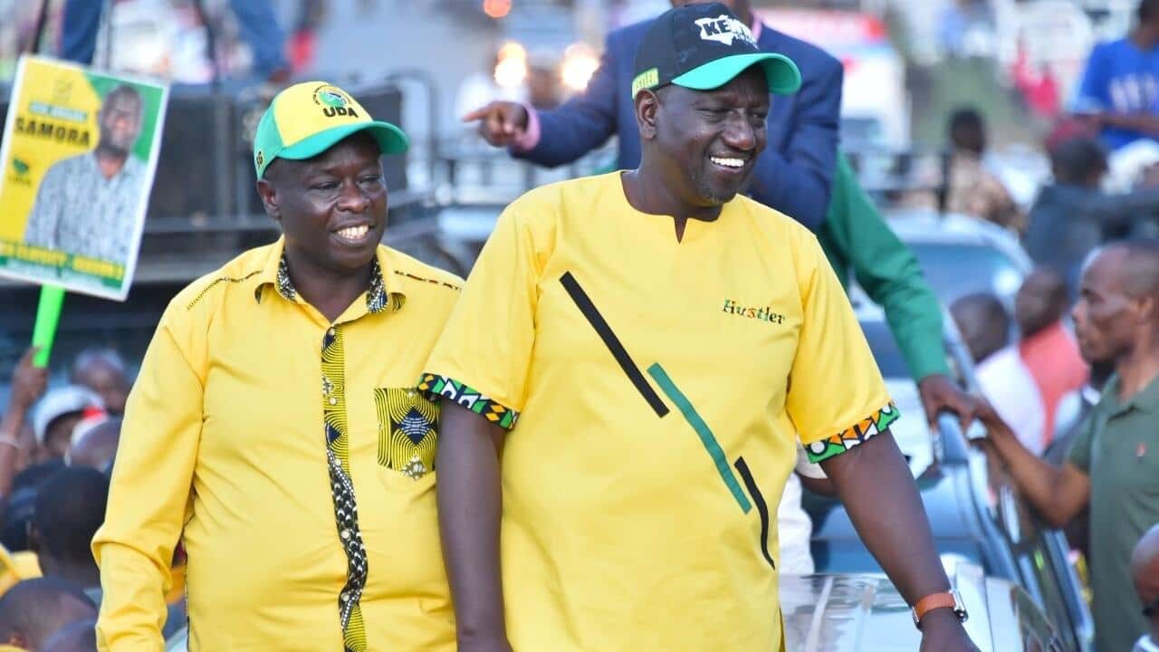 Mgombea wa Urais wa Kenya William S Ruto (kulia) na mgombea wake mwenza Rigathi Gachagua (kushoto)