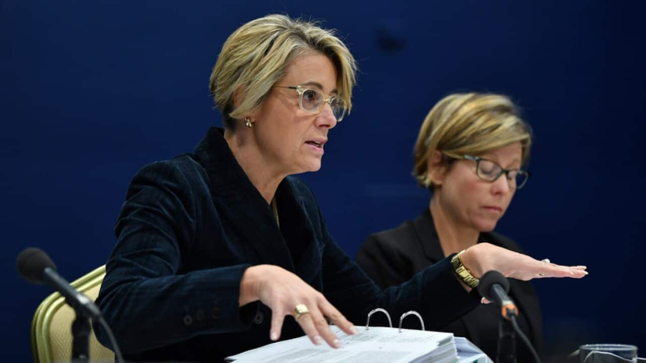 Labor Senators Kristina Keneally (left) and Jenny McAllister at the Freedom of the Press inquiry in Sydney