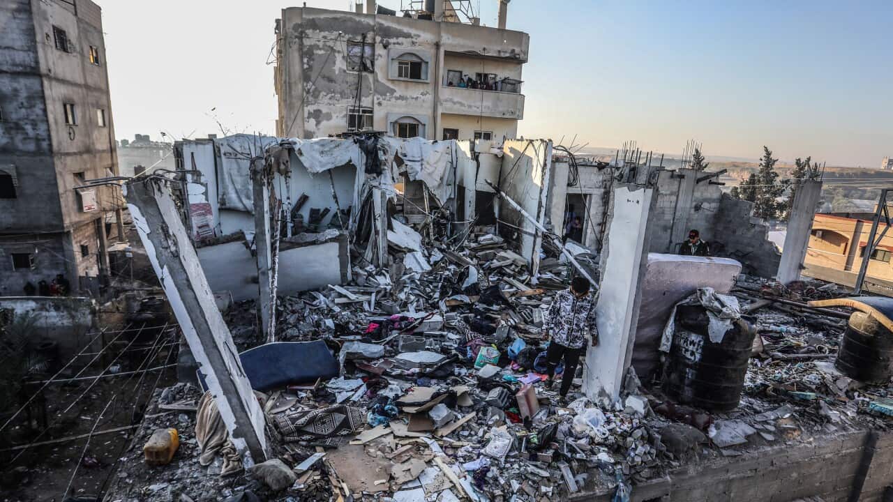 The rubble that remains of buildings destroyed by bombing.