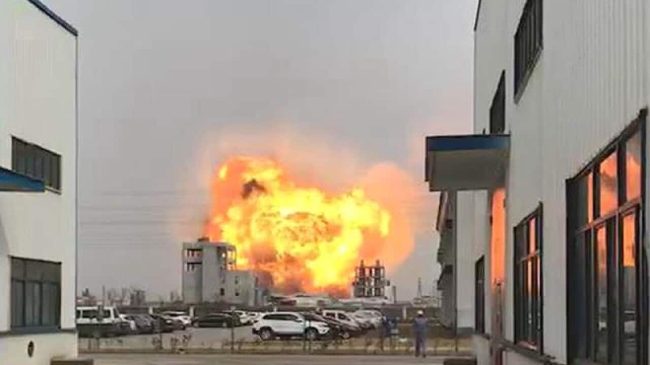 Flames rise in the explosion at a chemical plant in Jiangsu, China.