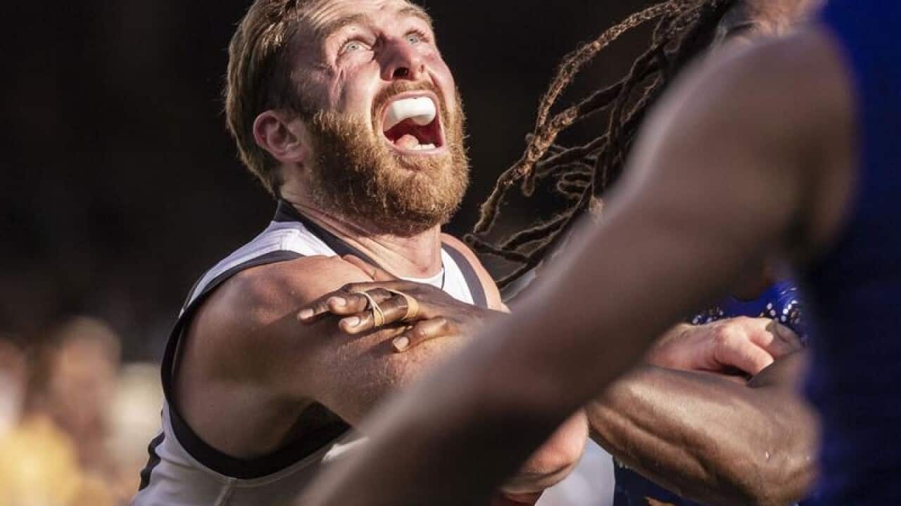 Dawson Simpson of the Giants contests the ball.