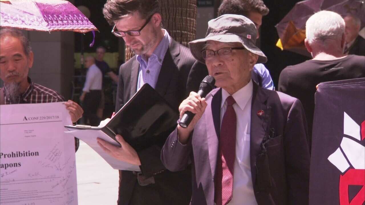 Nagasaki survivor Terumi Tanaka shares his story and urges governments to sign Prohibition of Nuclear Weapons treaty.