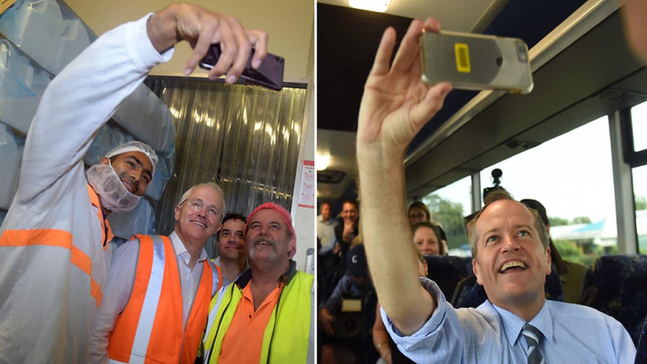 Selfie time: Malcolm Turnbull in Brisbane and Bill Shorten in Dawson (near Mackay).