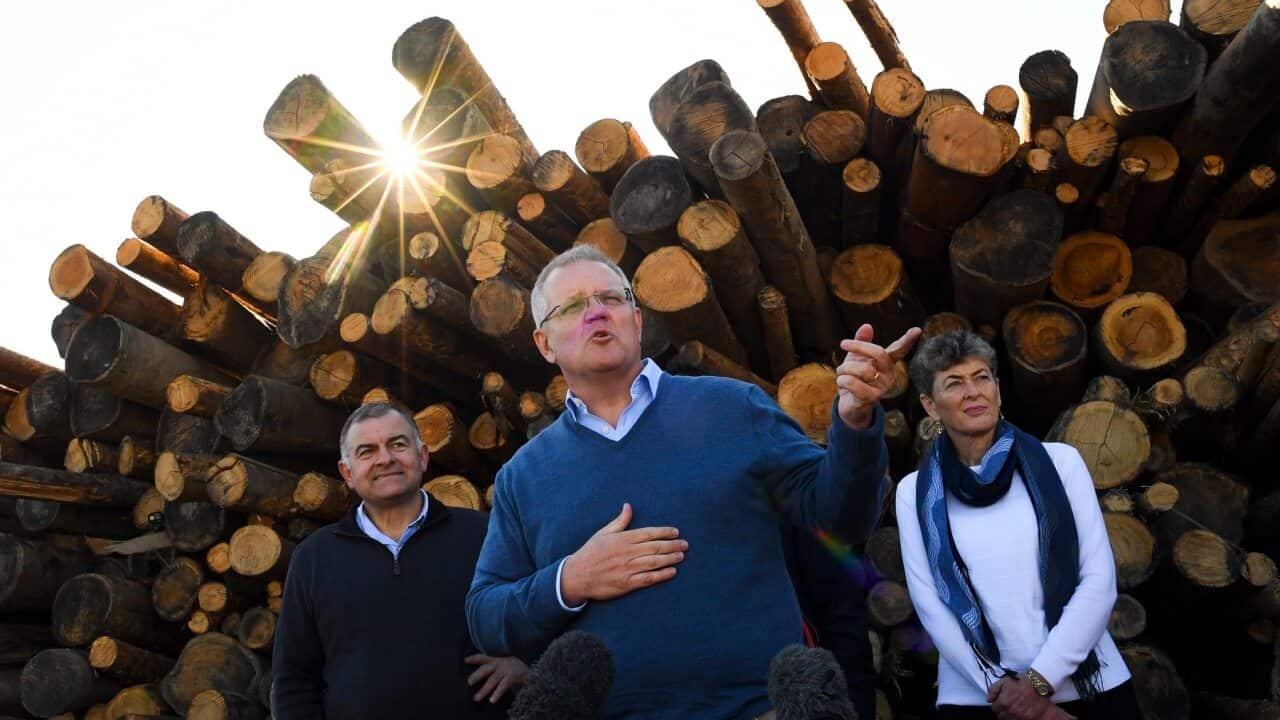 Prime Minister Scott Morrison with Liberal candidate Fiona Kotvojs at the Allied Natural Wood Exports woodchip mill near Eden, NSW on 23 June 2020.