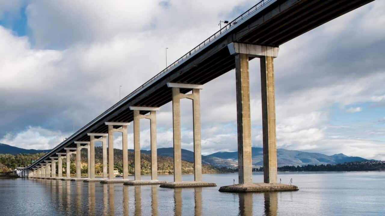 Tasman bridge, a five-lane bridge crossing the Derwent River, near the CBD of Hobart, Tasmania.
