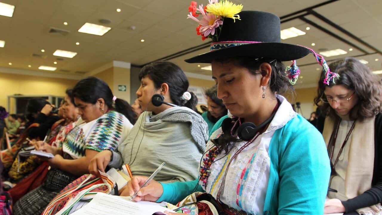 A group of indigenous women at the World Global Indigenous Women Leaders Conference, in Lima AAP.jpg