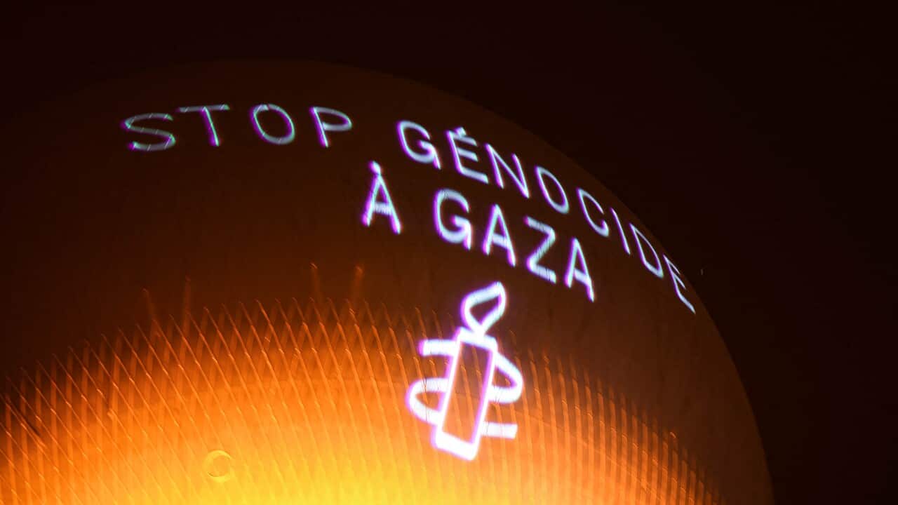 Amnesty International Action - "Stop genocide in Gaza" onto the Paris 2024 Olympic cauldron - Paris