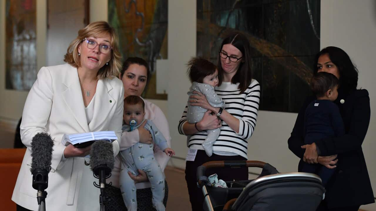 Independent Member for Warringah Zali Steggall along with other signatories of the petition at a press conference. 