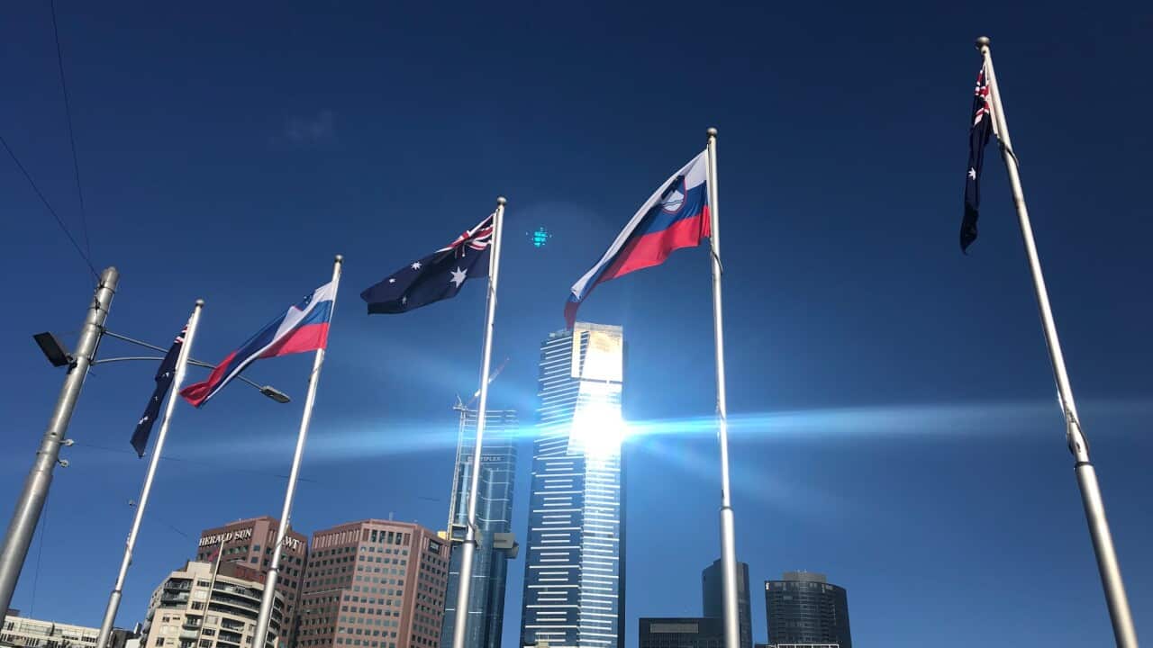 Slovenian and Australian flags at Federation Square, Melbourne