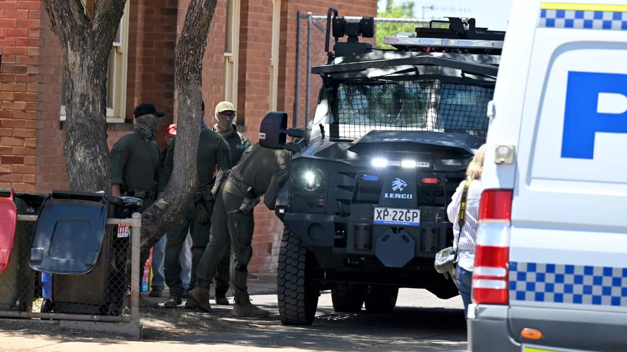 Several people wearing tactical gear stand near police vehicles.