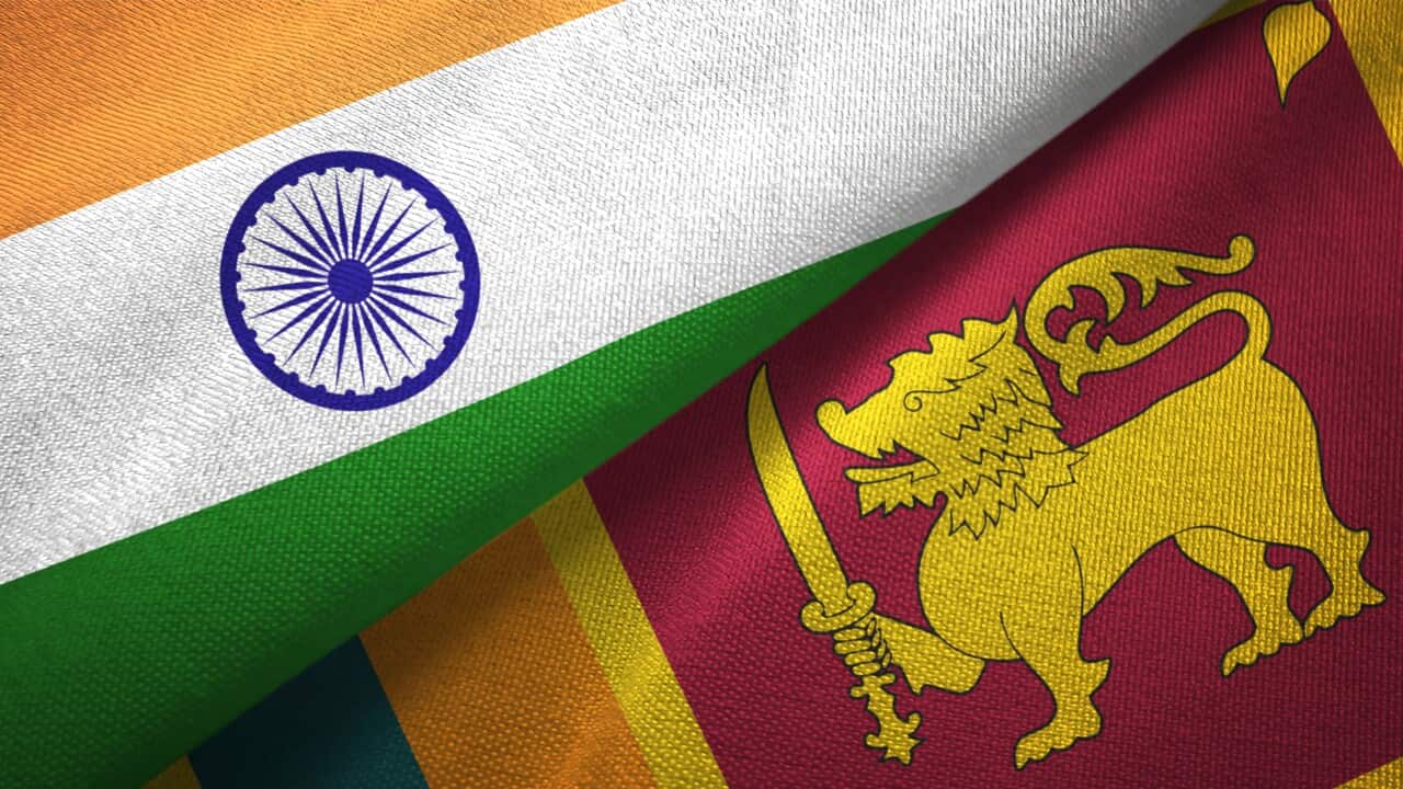 Sri Lanka and India two flags together textile cloth, fabric texture
