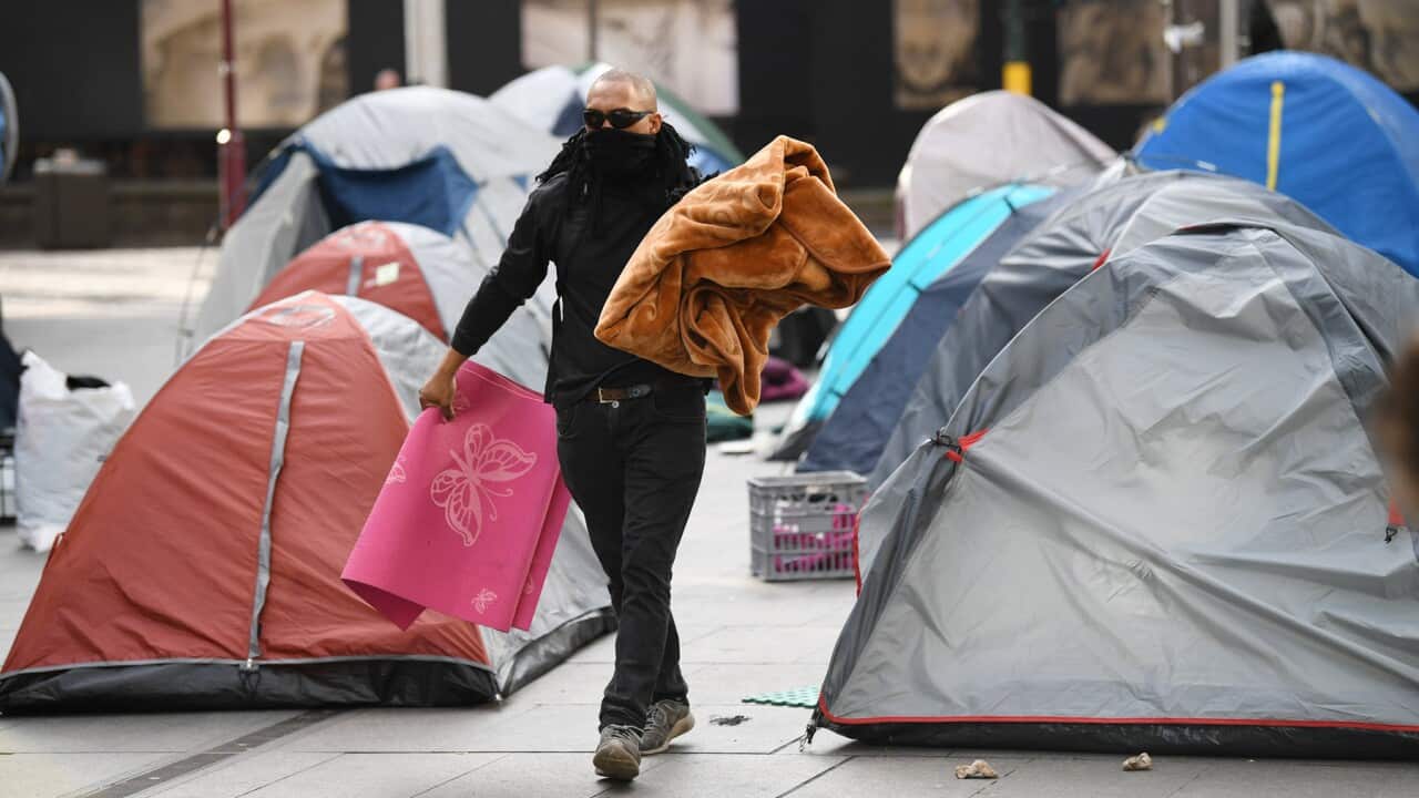 A man among tents at Martin Place Sydney