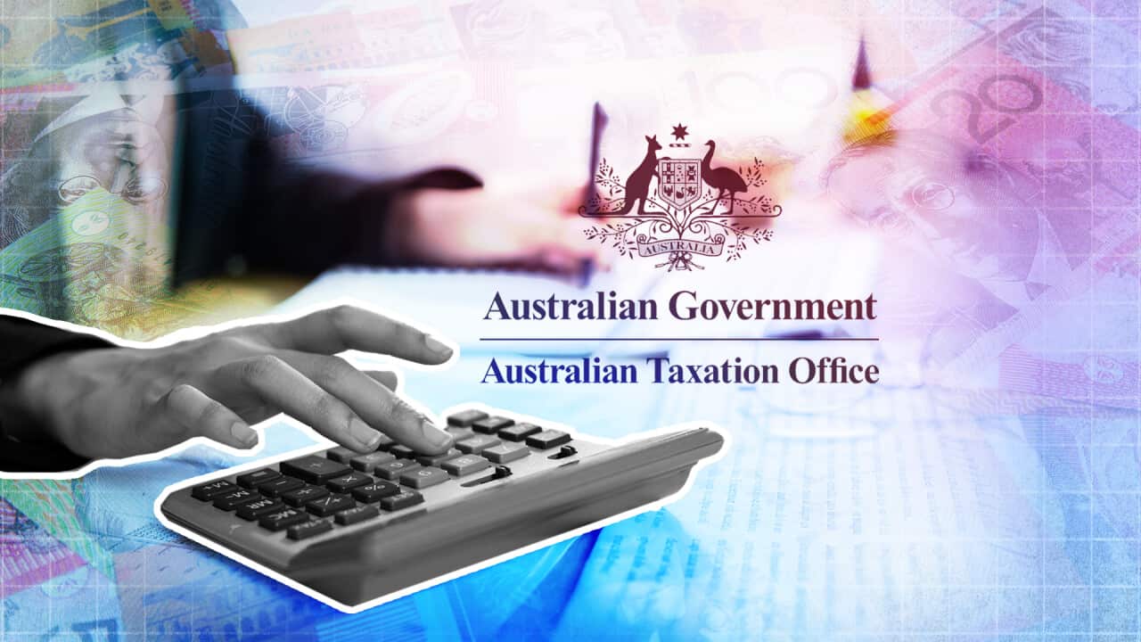 A hand at a calculator in black and white, with a colourful blue and purple background, including the logo of the Australian Tax Office.