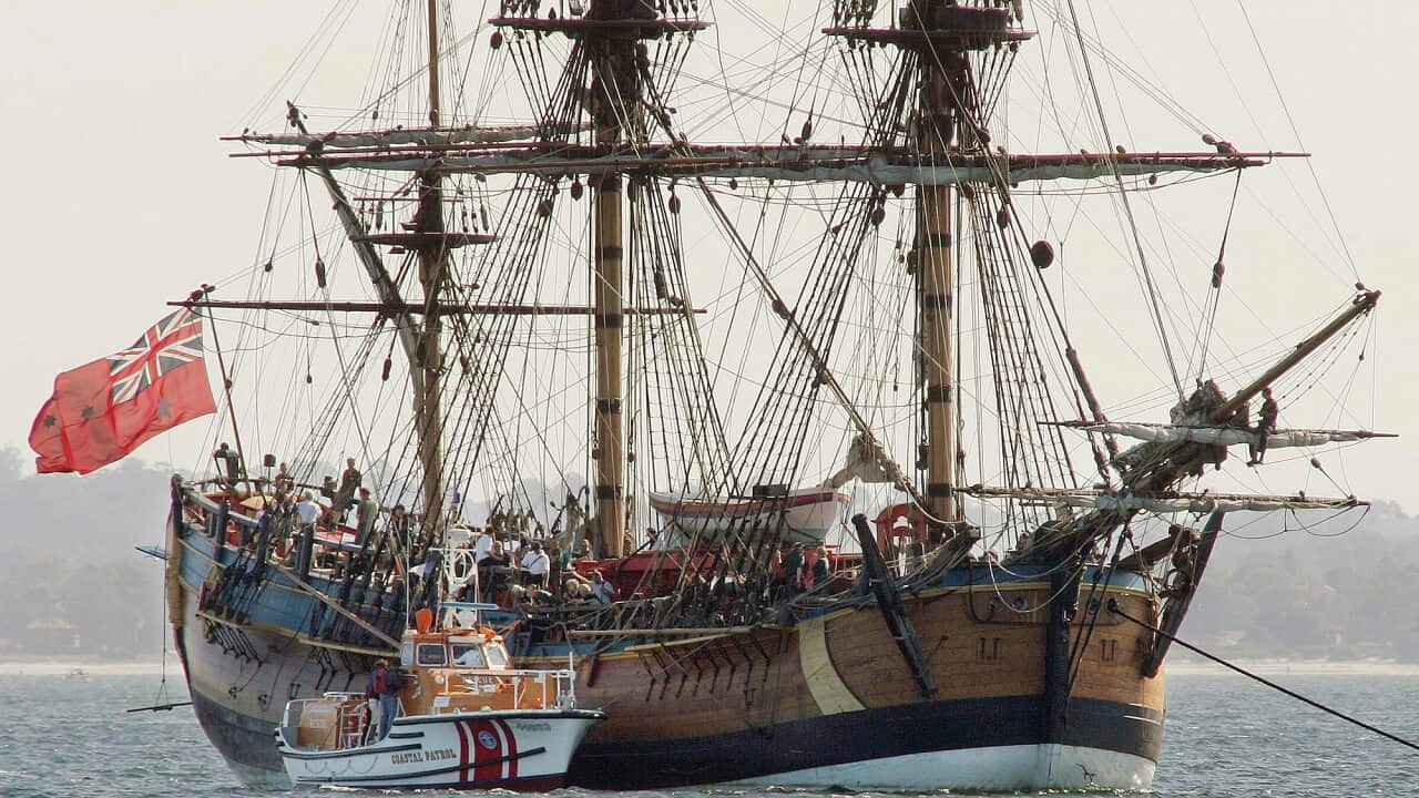The Endeavour, a replica of Captain James Cook's ship of discovery, lies at anchor in Botany Bay at Sydney, Australia.