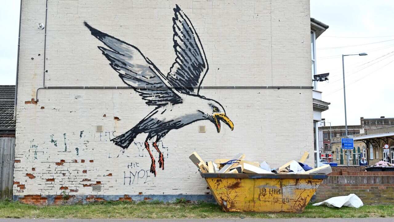 A large seagull painted on a wall, with a skip placed next to it. It looks like the seagull is diving in on the skip.