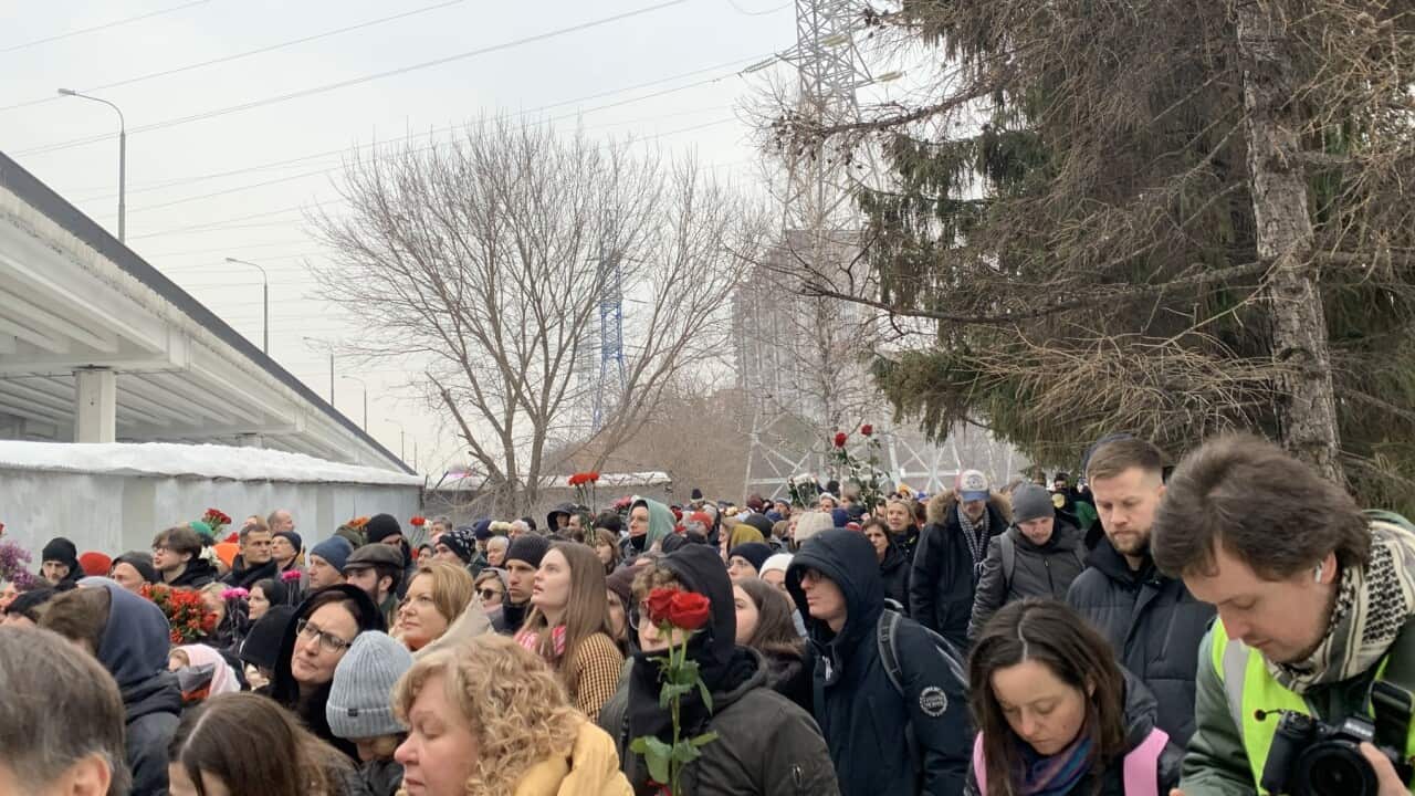 People attending the funeral of Russian opposition leader Alexei Navalny in Moscow.
