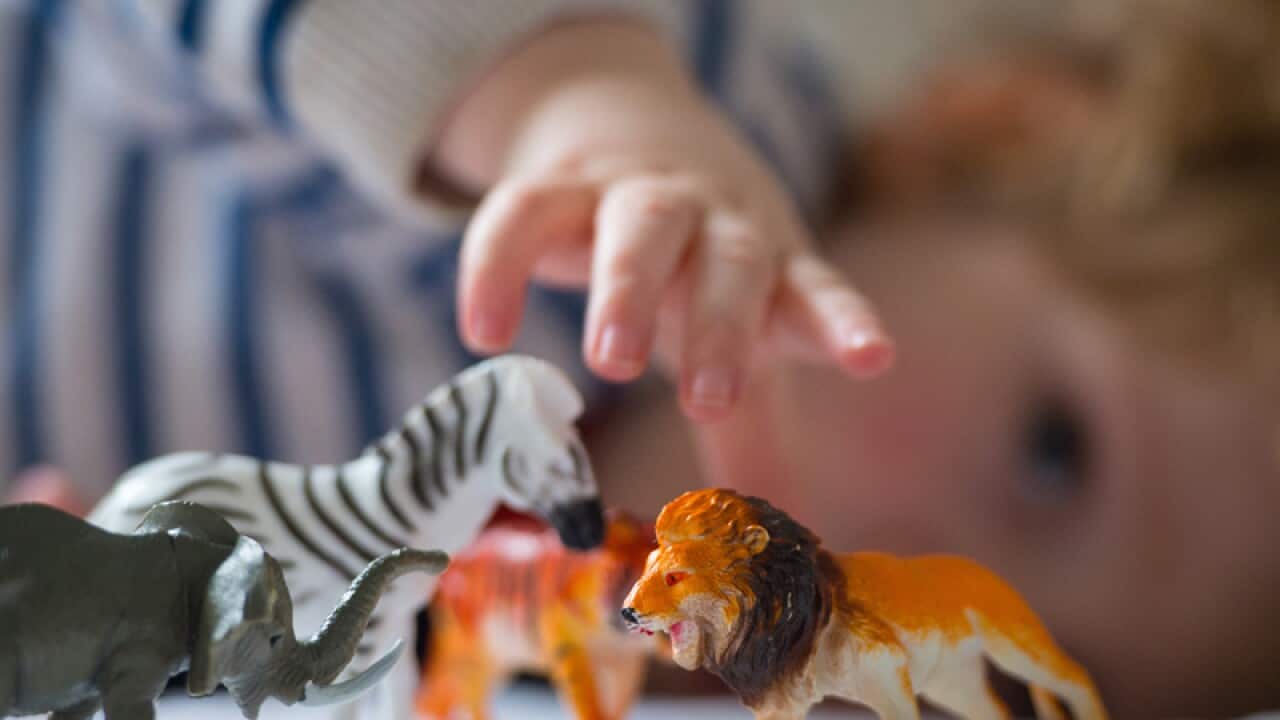 A preschool age child plays with plastic toy