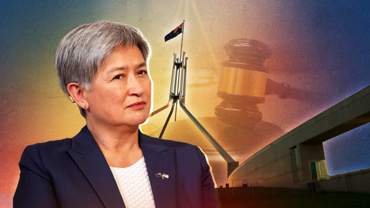 A photo of Penny Wong superimposed on an image of Parliament House and a gavel hitting a board.