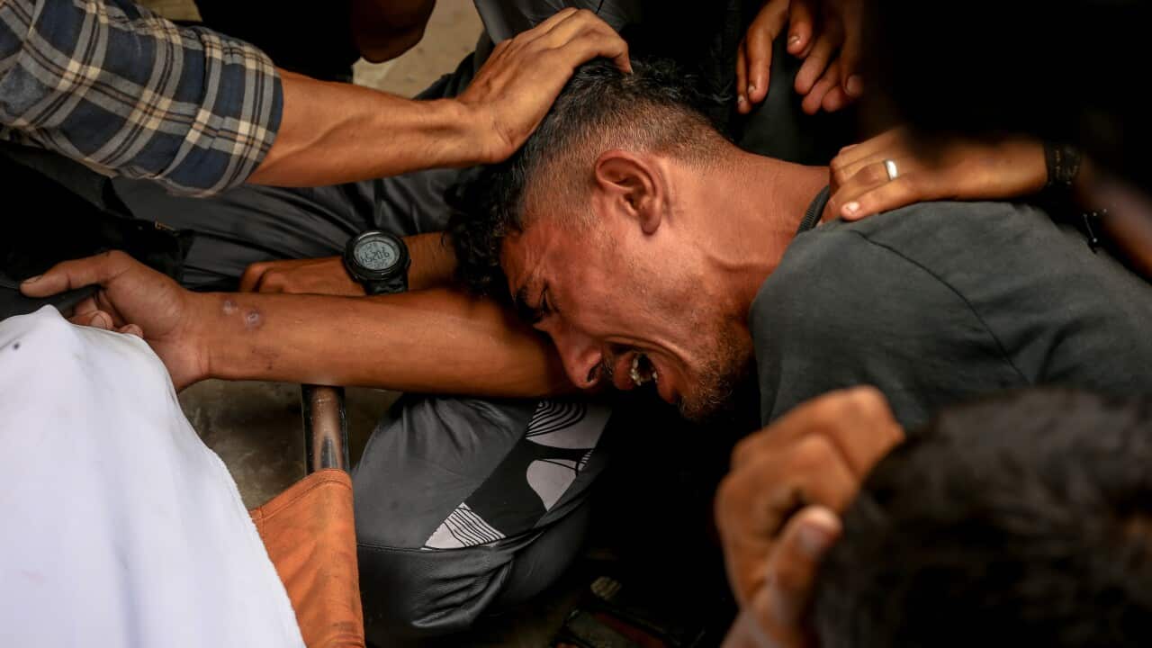 Relatives of Palestinians, who died as a result of Israeli attacks on different parts of Gaza City, mourn for their deceased ones at al-Shifa hospital