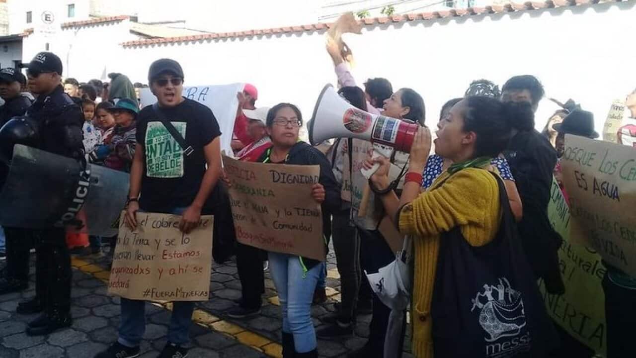 A rally against mining outside courthouse in Ibarra, March 2019