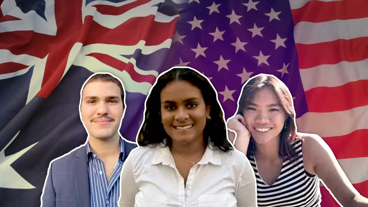 Photos of two young women and one young man against a background of an Australian and US flag