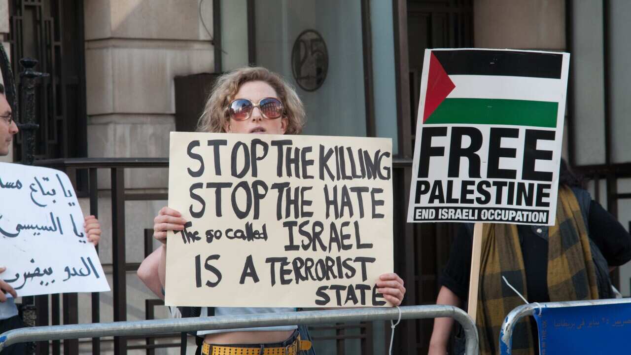 Protesters rally outside the Egyptian embassy in London on July 18, 2014, against the regime that has not taken action against the Israeli military action in Gaza. (AFP)