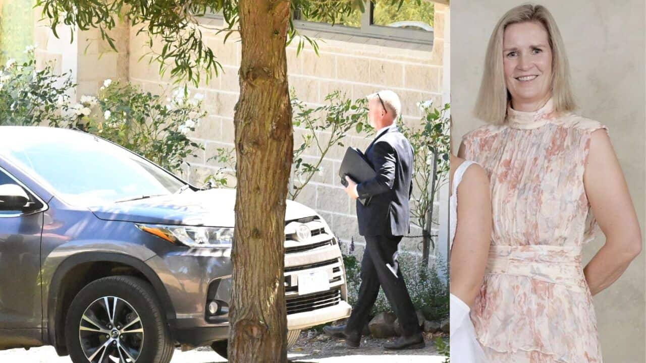 A composite image of Samantha Murphy and a man in suit walking towards a grey SUV.