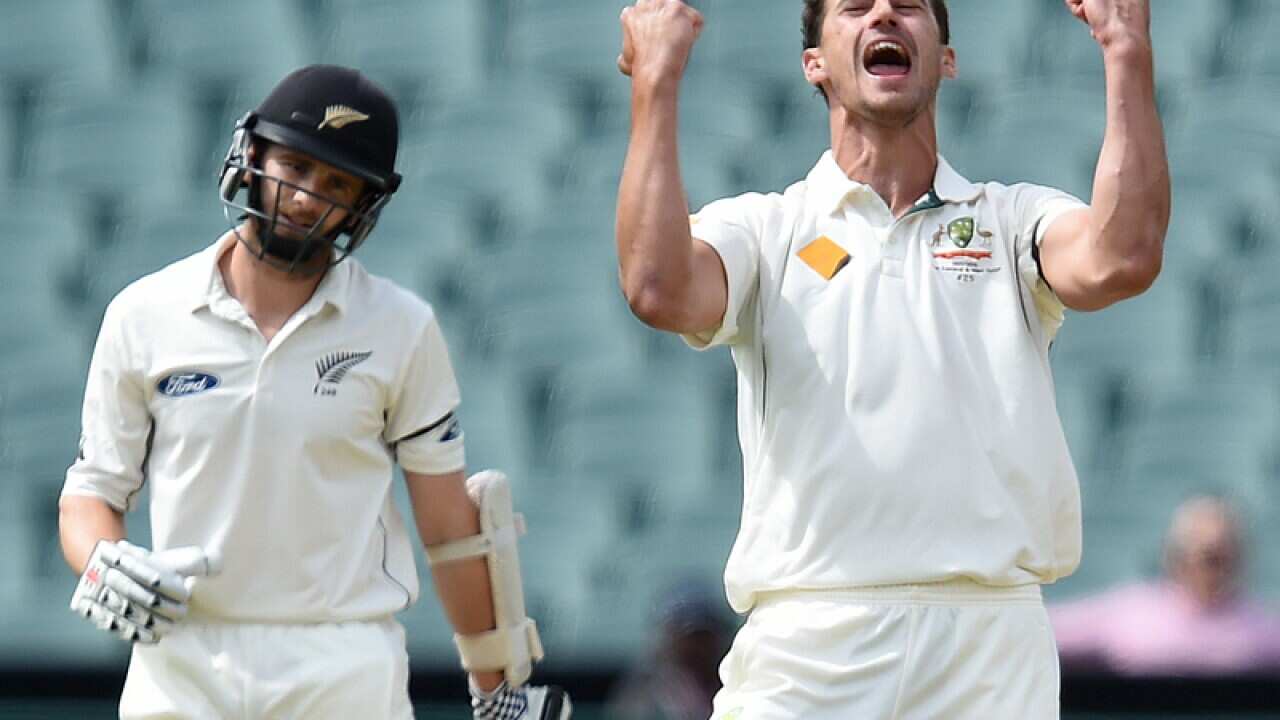 Australian fast bowler Mitchell Starc (R)