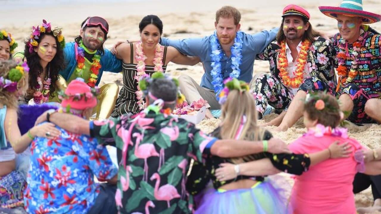 The Duke and Duchess of Sussex in a mental health circle at Bondi.
