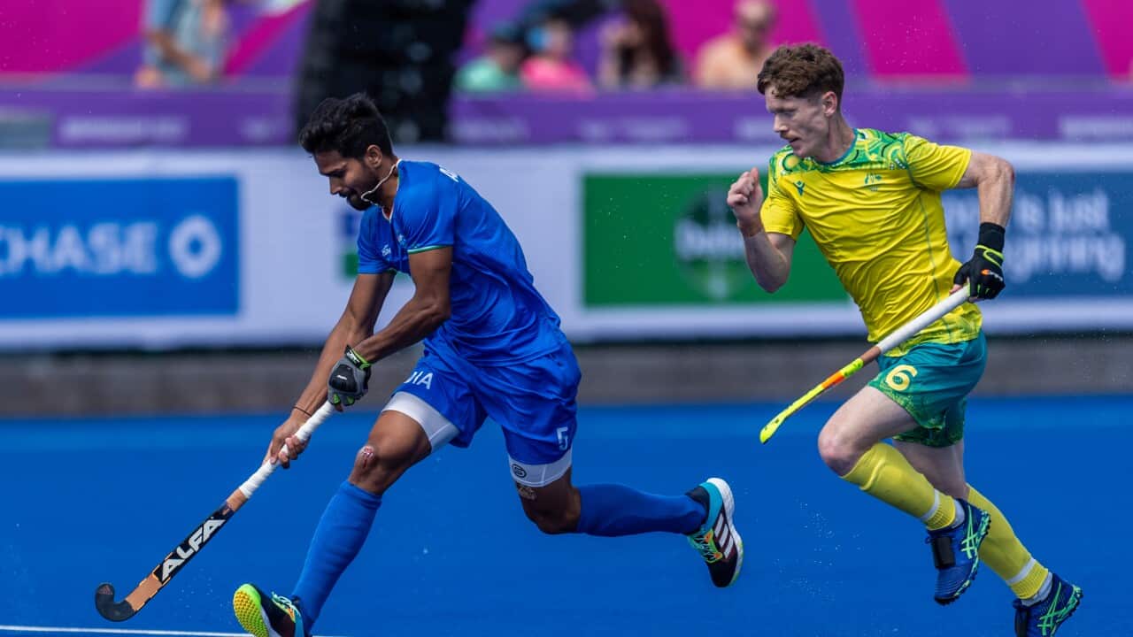 Hockey players from Australia and India at the 2022 Birmingham Commonwealth Games